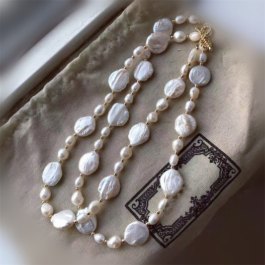 380-Natural Freshwater Baroque Pearl Necklace with 14K White Gold Color-Preserving OT Clasp