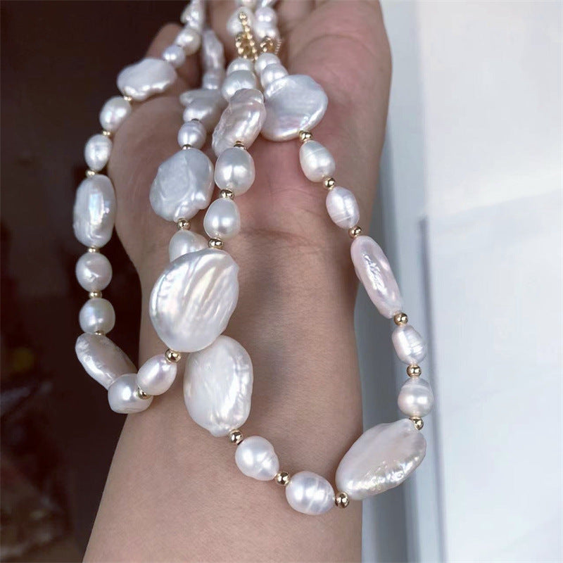 380-Natural Freshwater Baroque Pearl Necklace with 14K White Gold Color-Preserving OT Clasp