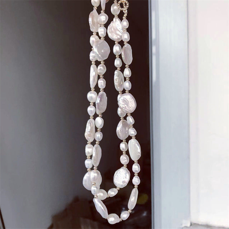 380-Natural Freshwater Baroque Pearl Necklace with 14K White Gold Color-Preserving OT Clasp