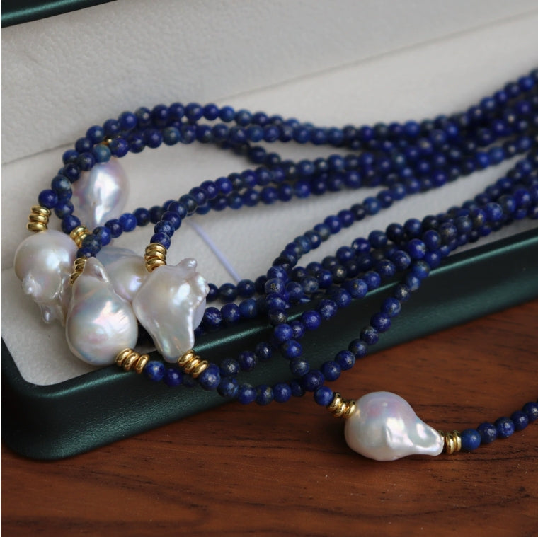 383-Baroque Freshwater Pearl Necklace with Lapis Lazuli and Royal Court
