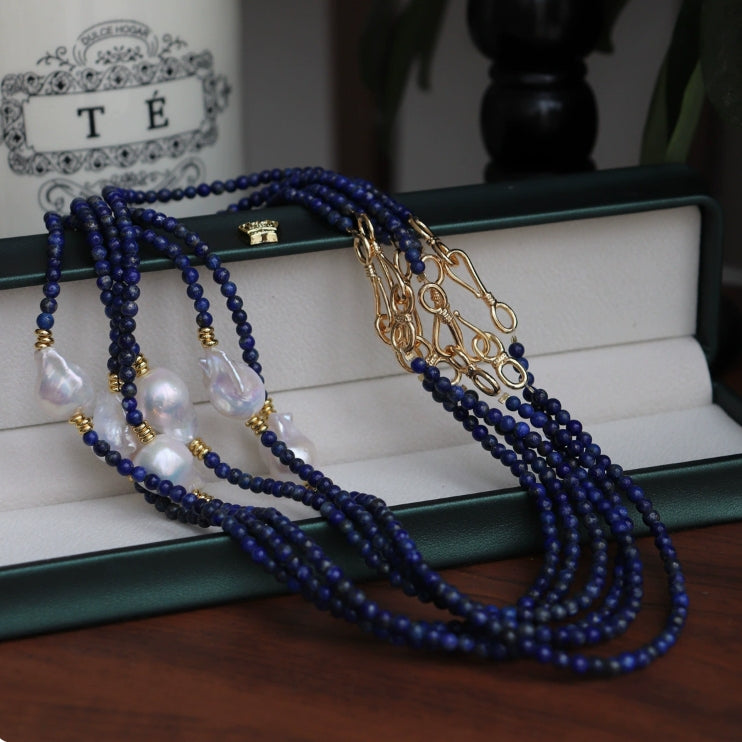 383-Baroque Freshwater Pearl Necklace with Lapis Lazuli and Royal Court
