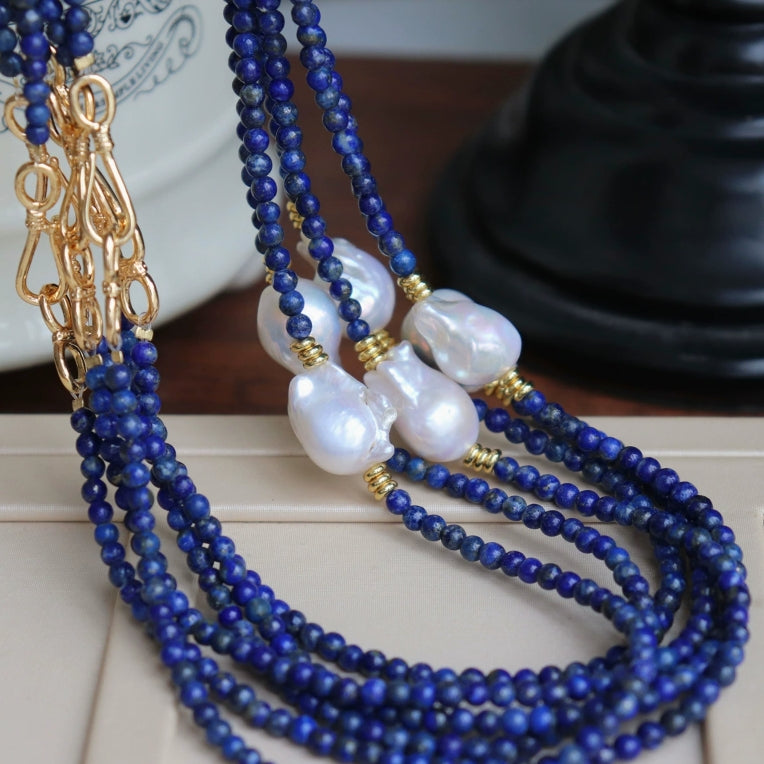 383-Baroque Freshwater Pearl Necklace with Lapis Lazuli and Royal Court