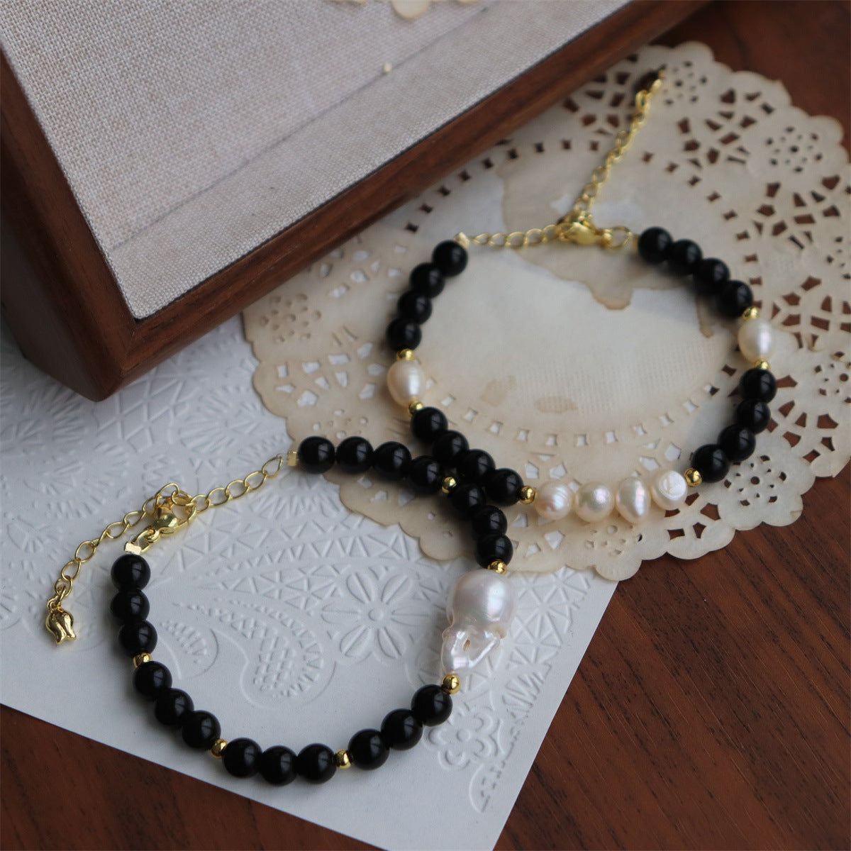 384-Baroque Freshwater Pearl Bracelet Minimalist Chic Versatile Sweet Cool Obsidian