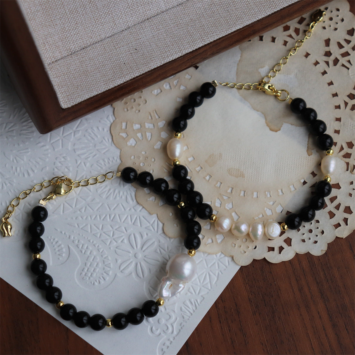 384-Baroque Freshwater Pearl Bracelet Minimalist Chic Versatile Sweet Cool Obsidian