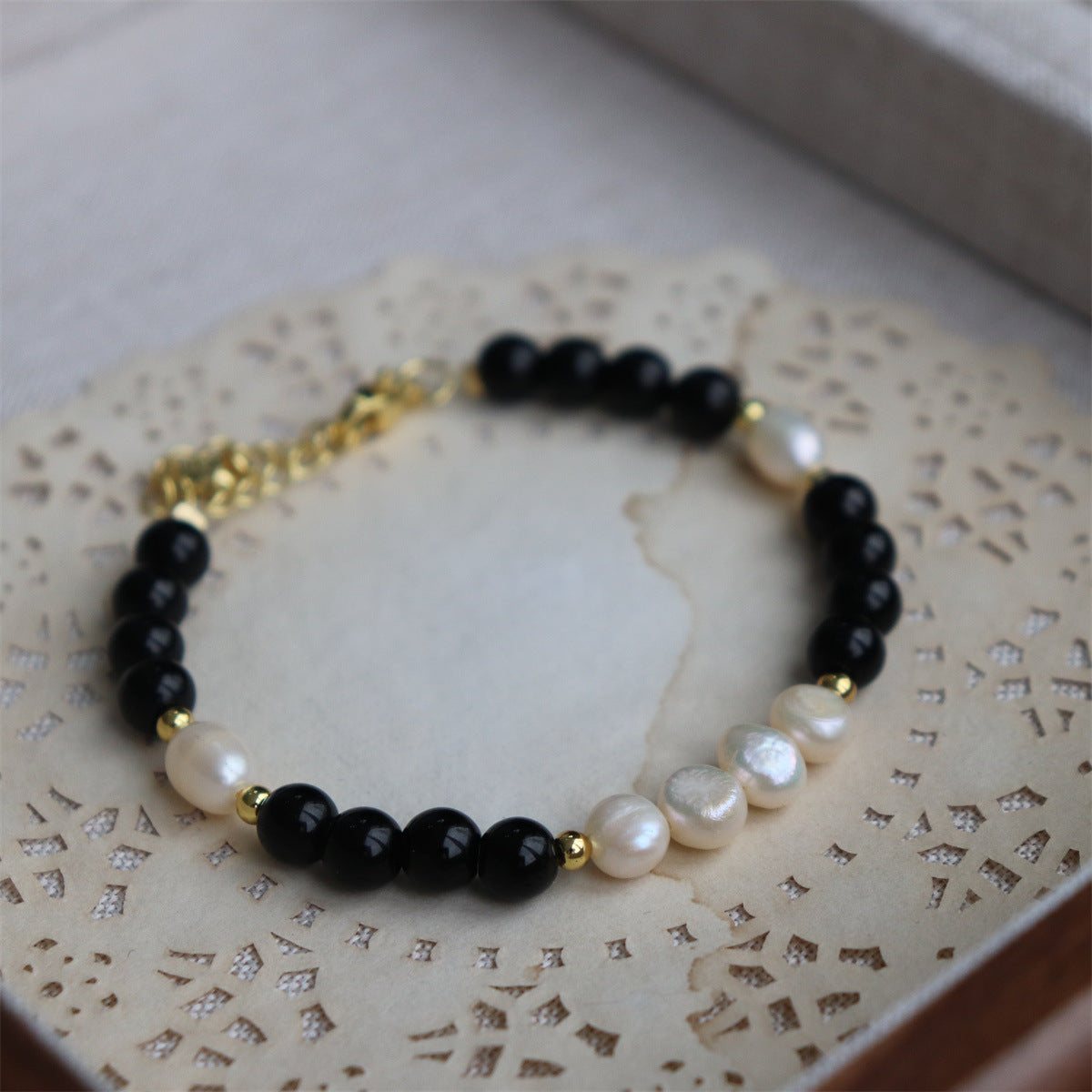 384-Baroque Freshwater Pearl Bracelet Minimalist Chic Versatile Sweet Cool Obsidian