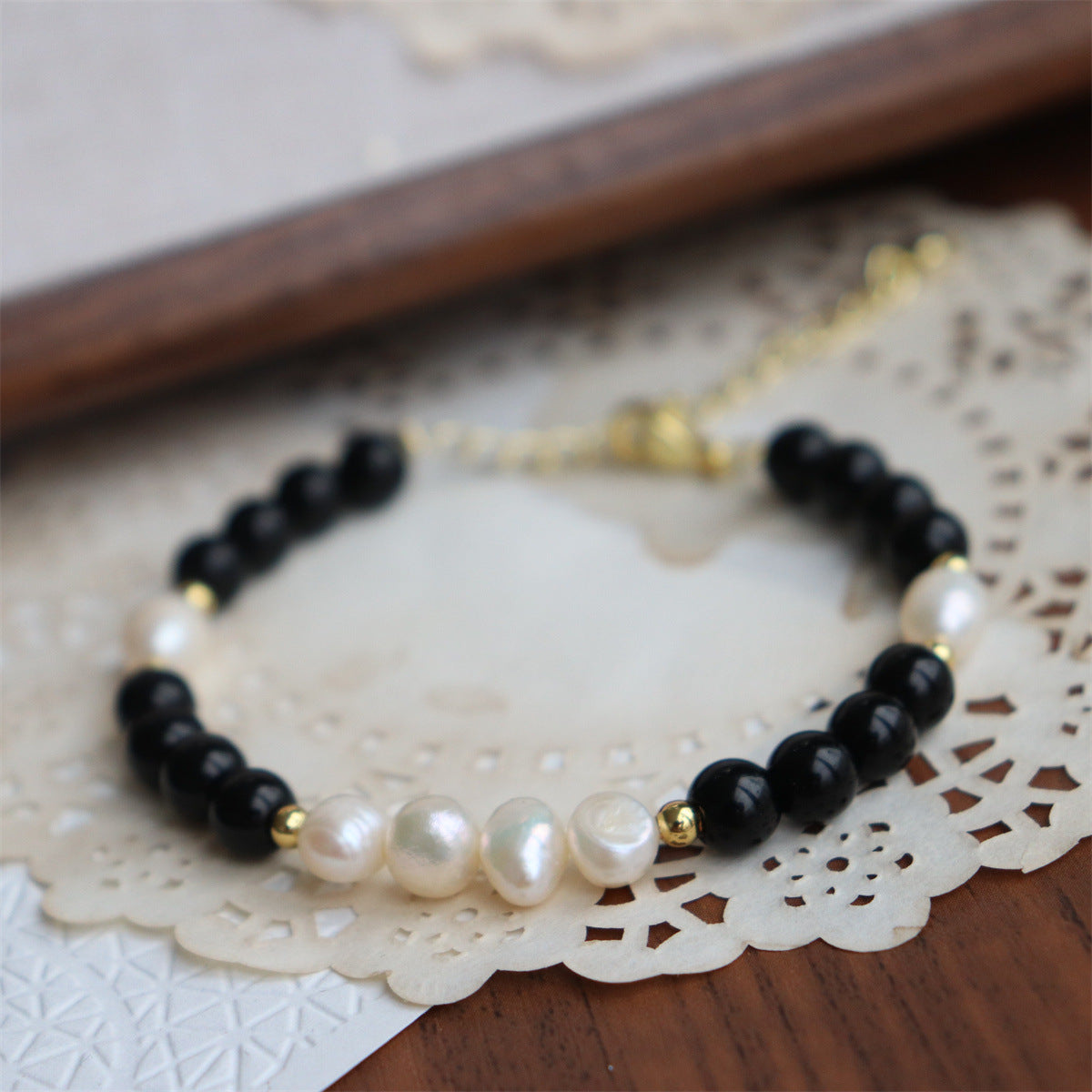 384-Baroque Freshwater Pearl Bracelet Minimalist Chic Versatile Sweet Cool Obsidian
