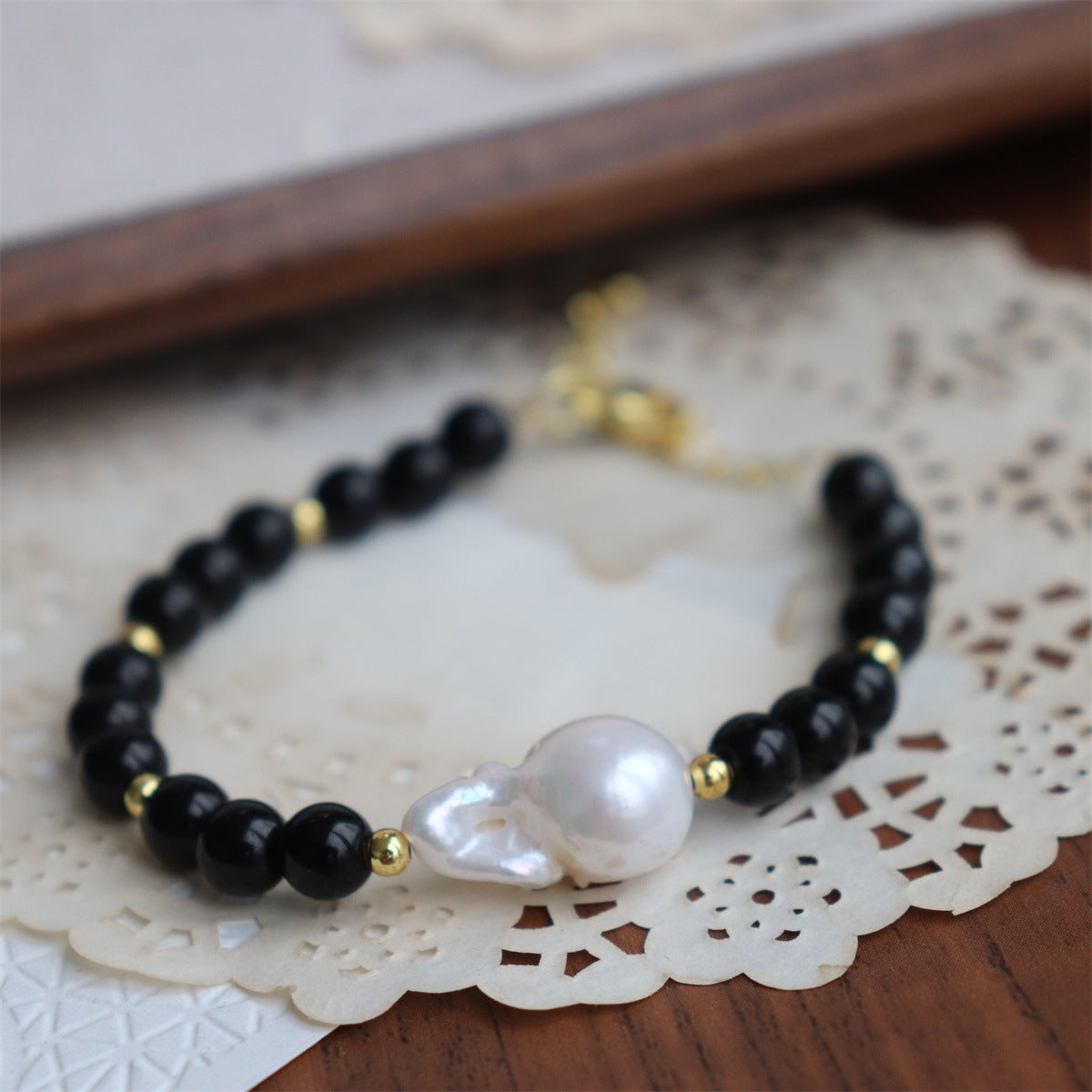 384-Baroque Freshwater Pearl Bracelet Minimalist Chic Versatile Sweet Cool Obsidian