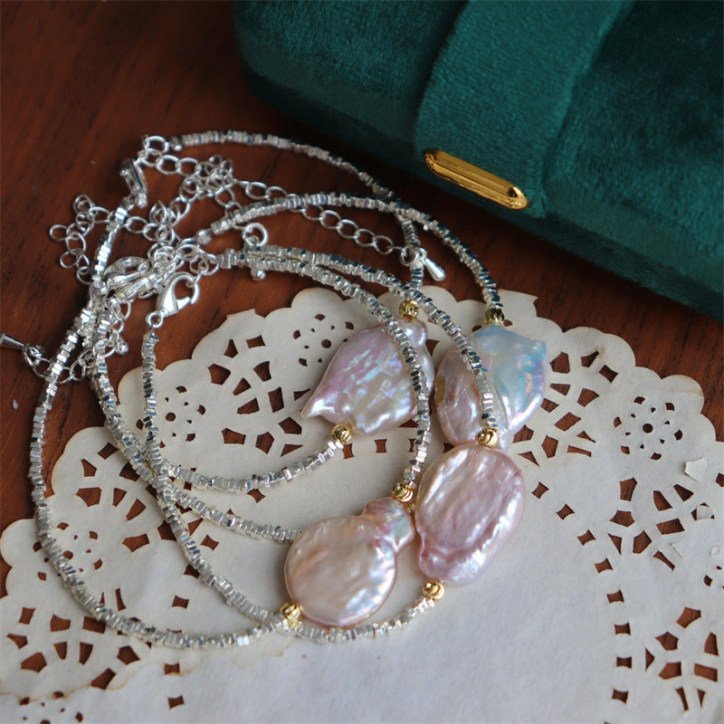 385-Natural High-Shine Baroque Freshwater Pearl Bracelet Minimalist 925 Silver-Plated Broken Silver