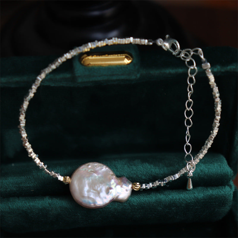 385-Natural High-Shine Baroque Freshwater Pearl Bracelet Minimalist 925 Silver-Plated Broken Silver