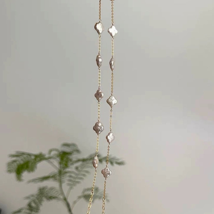 392-Dreamy Flower Natural Four-Leaf Clover Baroque Pearl Bracelet – Minimalist Chic, Starry Silver Design