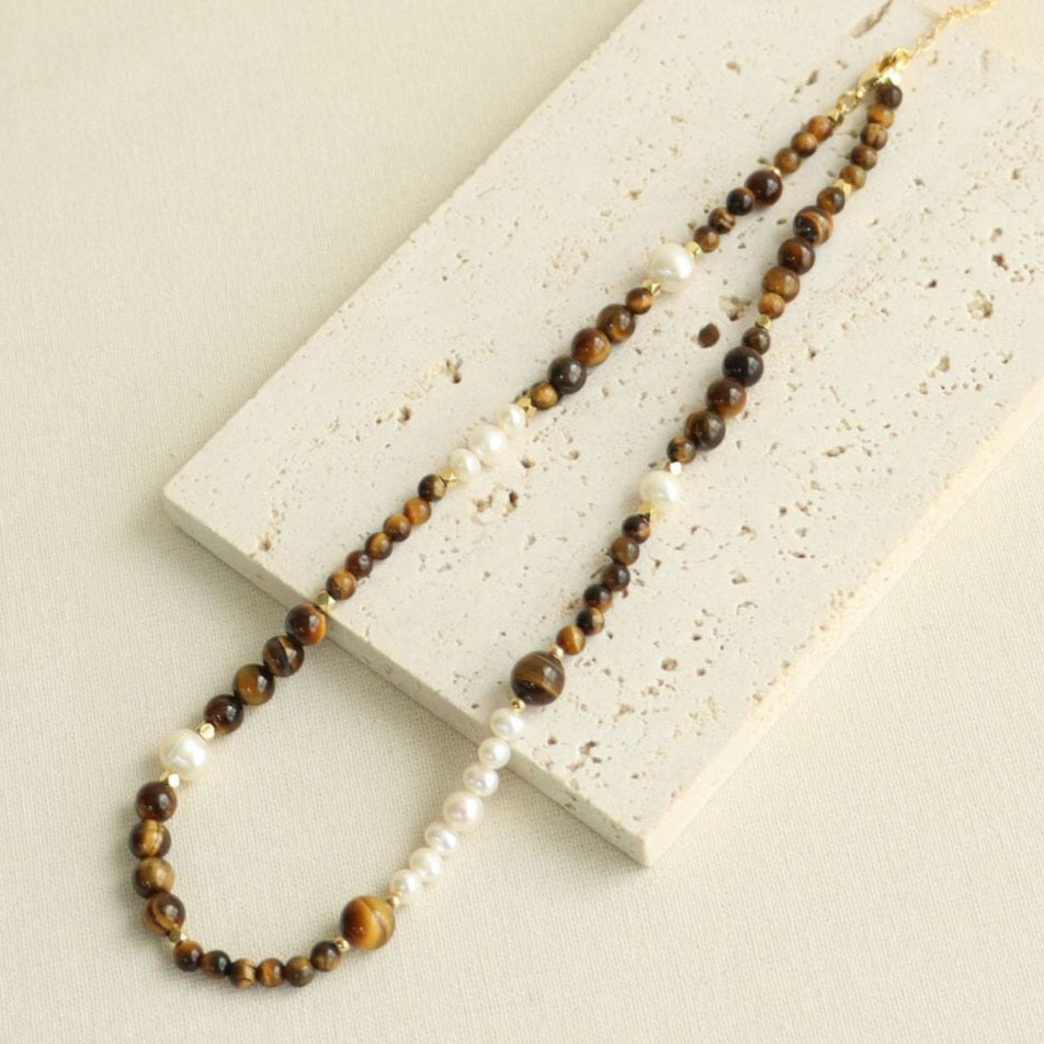 396-Tiger's Eye & Freshwater Beaded Pearl Necklace – Elegant Boho Design