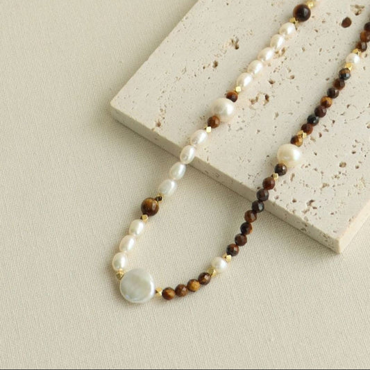 396-Tiger's Eye & Freshwater Beaded Pearl Necklace – Elegant Boho Design