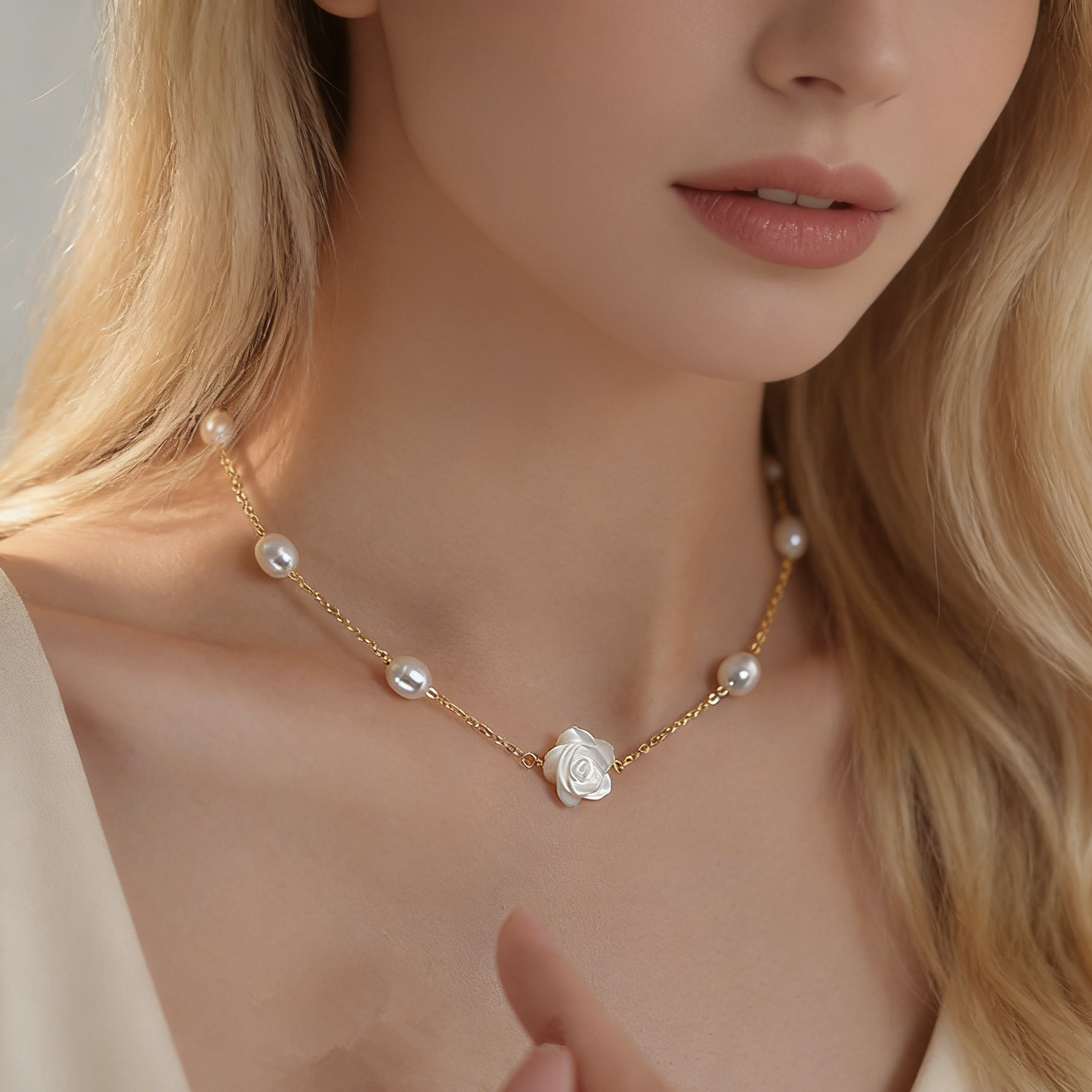 ルロウ エーテル優美なマザーオブパール ローズアクセント 淡水パール星空チェーン ニッチな日常使い