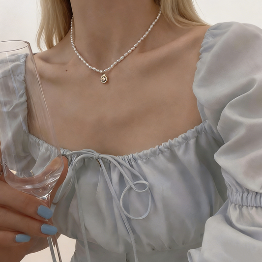 Lulou Airy Rice Grain Pearl & Gold Smiley Necklace