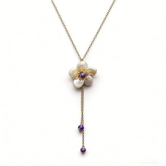 Lulou Blooming Flower Pendant Deep Blue Stone & Pearl Necklace