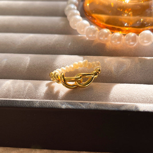 Lulou Vintage Chain-Link Pearl Open Ring