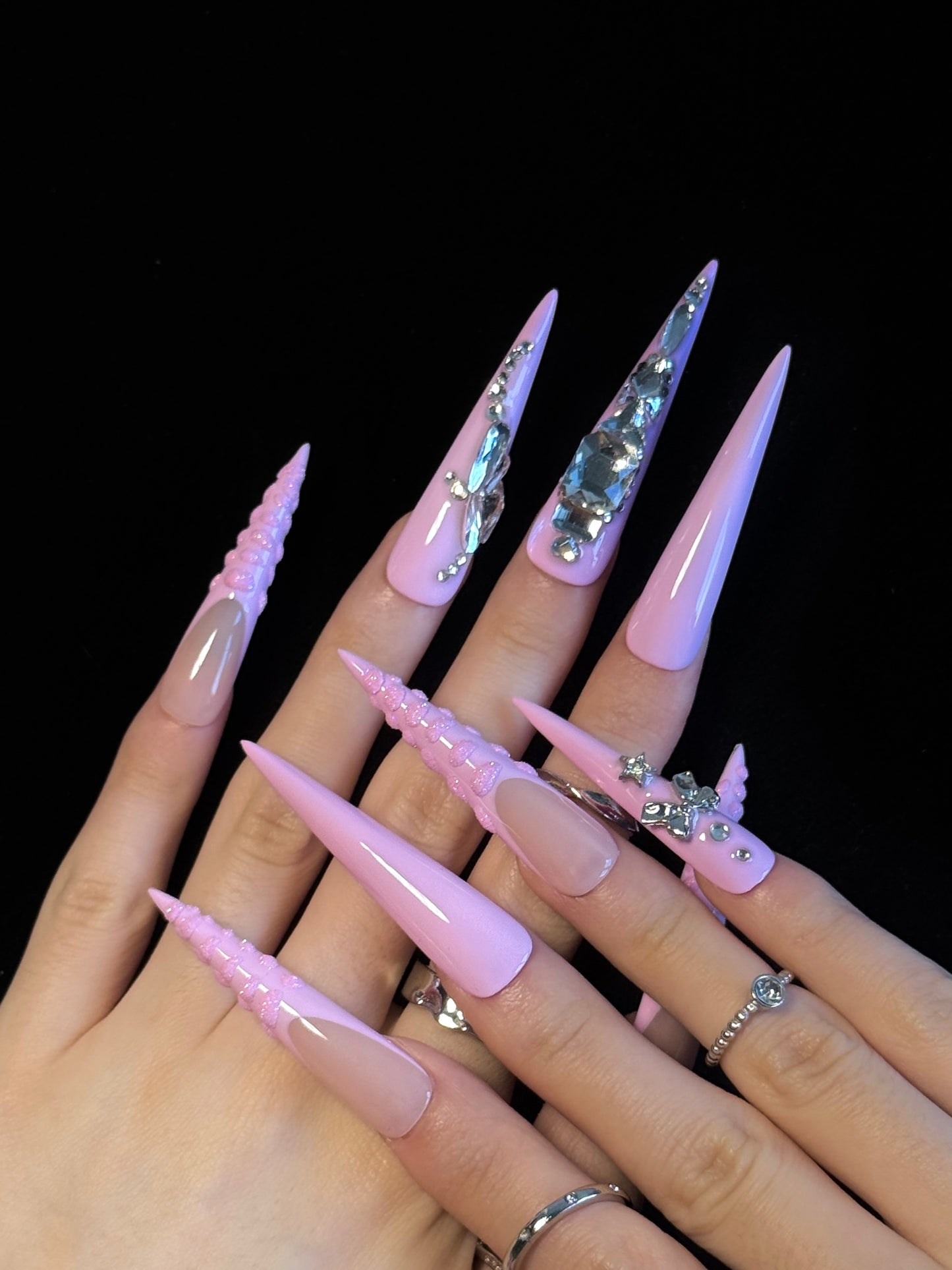Lulou Candy Queen Crystal Long Stiletto Nails Glitter Pink Rhinestone Handmade Acrylic 10PCS Trend 2025