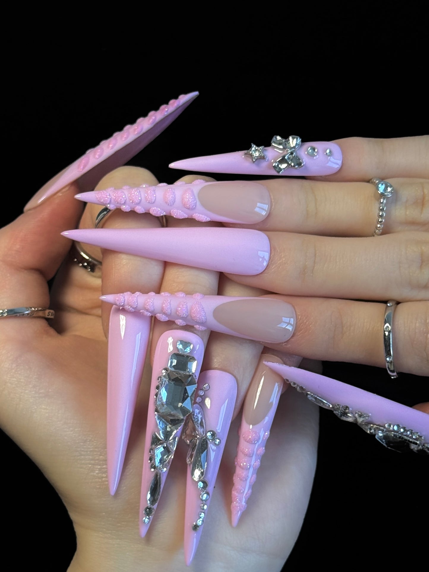 Lulou Candy Queen Crystal Long Stiletto Nails Glitter Pink Rhinestone Handmade Acrylic 10PCS Trend 2025