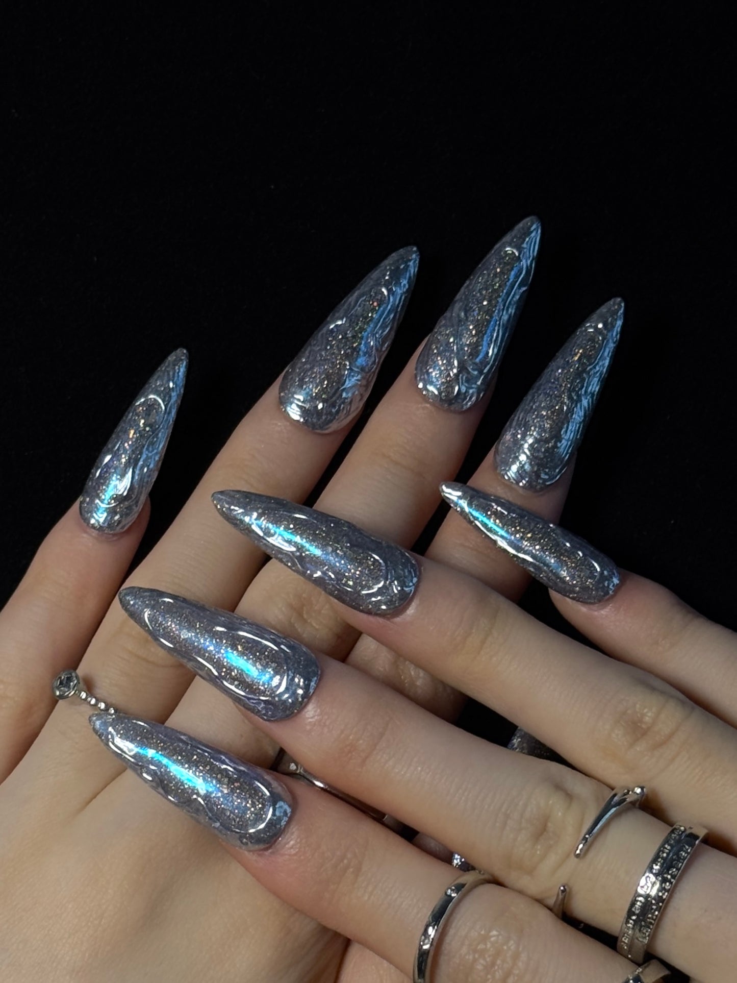 Lulou Ice Night Party Long Almond Press on Nails Silver Purple 3D Floral 10PCS REUSABLE Handmade Acrylic Fake Nails Shimmering Trend 2025