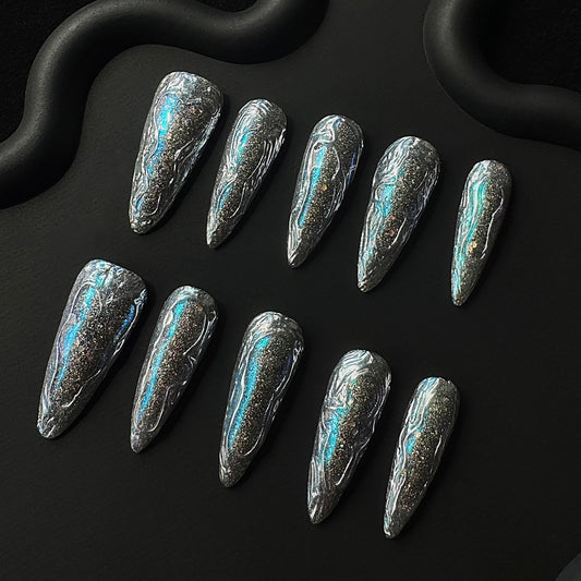 Lulou Ice Night Party Long Almond Press on Nails Silver Purple 3D Floral 10PCS REUSABLE Handmade Acrylic Fake Nails Shimmering Trend 2025