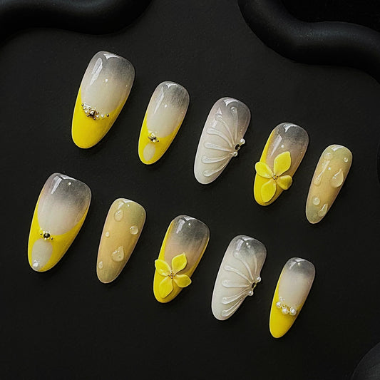 Lulou Vibrant Daisy 3D Yellow Floral Almond False Nails 10PCS REUSABLE Handmade Acrylic Press On Nails Trend 2025