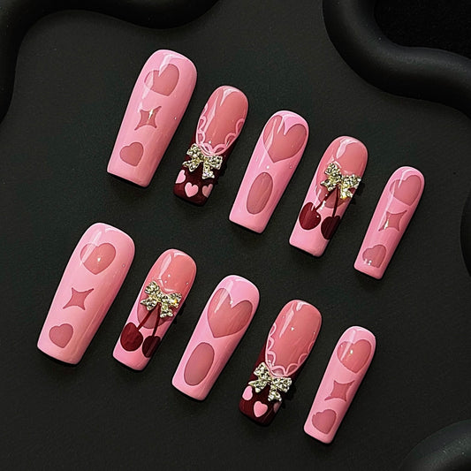 Lulou Bubble Pink Love Long Square Press On Nails Blush Hearts Handmade Acrylic 10PCS Trend 2025