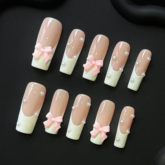 Lulou Sweet Bow French Elegant long square False Nails Pink & White 10PCS REUSABLE Handmade Acrylic Press On Nails Cute Design Trend 2025
