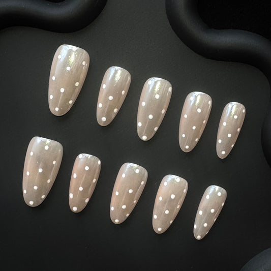Lulou Pearl Polka Almond Press on Nails Nude 10PCS REUSABLE Handmade Acrylic Fake Nails with Glitter Dots Trend 2025