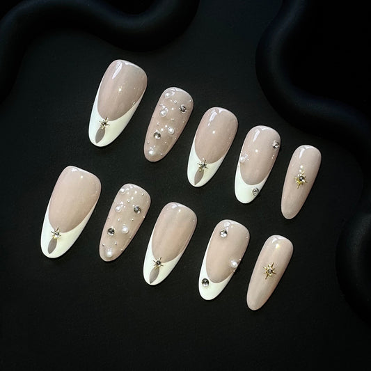 Lulou Luxe French Almond Press on Nails Platinum Gold 10PCS REUSABLE Handmade Acrylic Fake Nails Glamorous Trend 2025