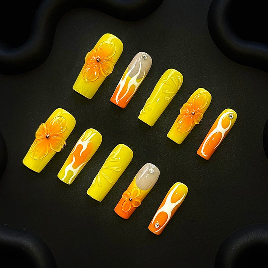 Lulou Lemon Pop Vacation Long Square Nails Sunny Orange Handmade Acrylic 10PCS Trend 2025