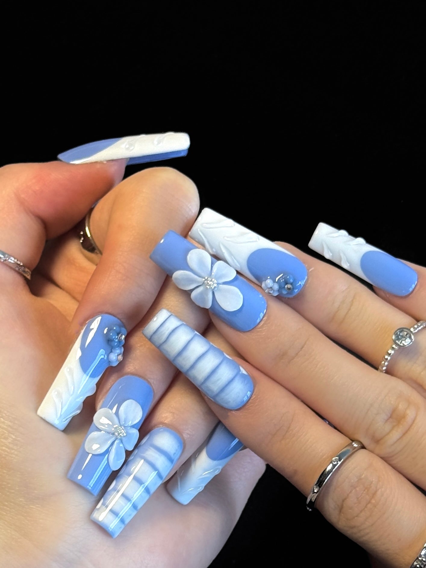 Lulou Cloudy Sky Vacation Long Square Nails Powder Blue White Handmade Acrylic 10PCS Trend 2025