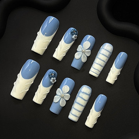 Lulou Cloudy Sky Vacation Long Square Nails Powder Blue White Handmade Acrylic 10PCS Trend 2025