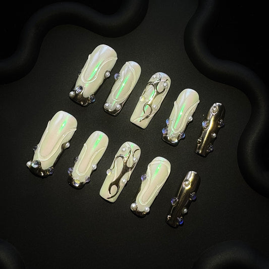 Lulou Silver Storm Party Long Square Press on Nails White Blue Silver Glitter 10PCS REUSABLE Handmade Acrylic Fake Nails Glamorous Trend 2025