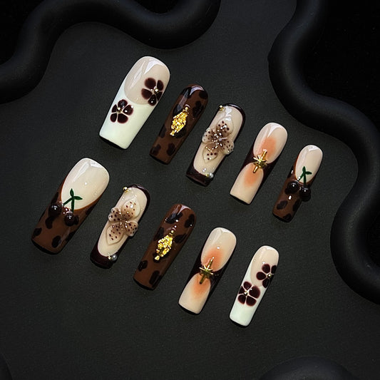 Lulou Bronze Luxe Autumn Long Square Press on Nails Rich Brown 10PCS REUSABLE Handmade Acrylic Fake Nails Metallic Trend 2025