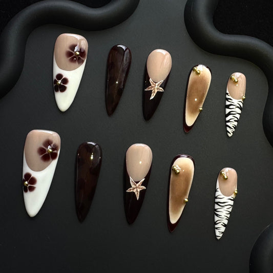 Lulou Amber Glow Fall Long Almond Stiletto Press on Nails Creamy White Brown 10PCS REUSABLE Handmade Acrylic Fake Nails Warm Shine Trend 2025