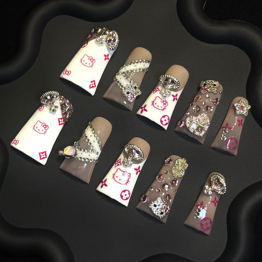 Lulou Love Spark Long Duck Press on Nails Pink Hello Kitty Rhinestone Glam 10PCS REUSABLE Handmade Acrylic Fake Nails Dazzling Trend 2025