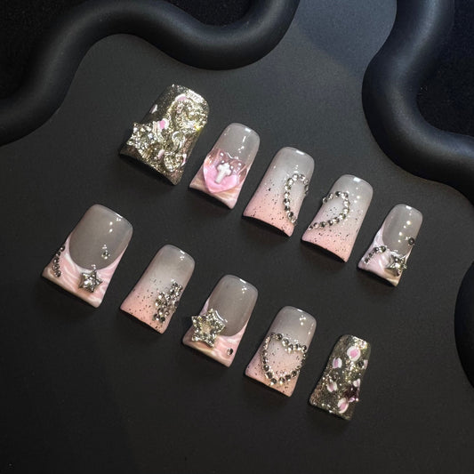 Lulou Crystal Kiss Short Duck Press on Nails Blush Hearts Diamond 10PCS REUSABLE Handmade Acrylic Fake Nails Sweet Sparkle Trend 2025