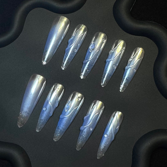 Lulou Ice Queen Extra Long Stiletto Press on Nails Metallic Violet 10PCS REUSABLE Handmade Acrylic Fake Nails Frosted Shine Trend 2025