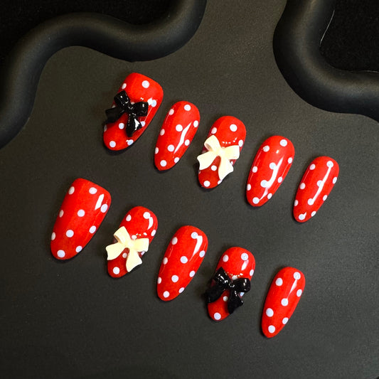Lulou Minnie Charm Long Oval Press On Nails Red White Polka Dot Black White Bow Decoration Handmade Acrylic 10PCS Christmas Winter Holiday Trend 2025