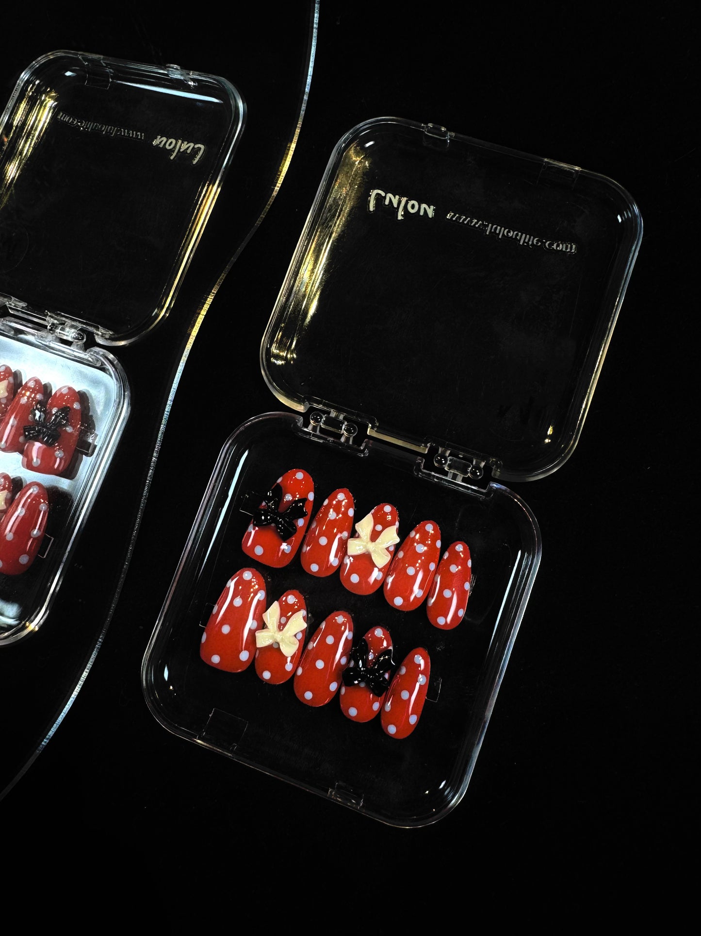 Lulou Minnie Charm Long Oval Press On Nails Red White Polka Dot Black White Bow Decoration Handmade Acrylic 10PCS Christmas Winter Holiday Trend 2025