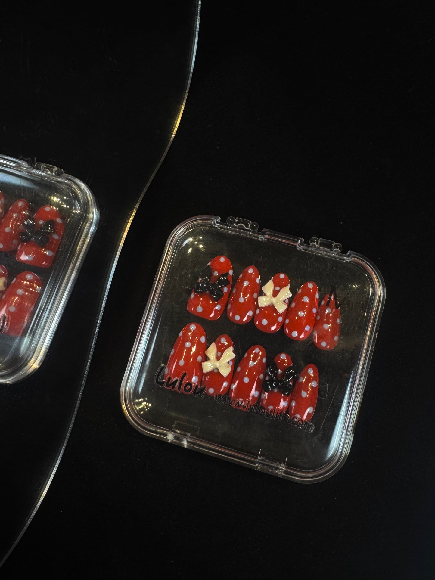 Lulou Minnie Charm Long Oval Press On Nails Red White Polka Dot Black White Bow Decoration Handmade Acrylic 10PCS Christmas Winter Holiday Trend 2025