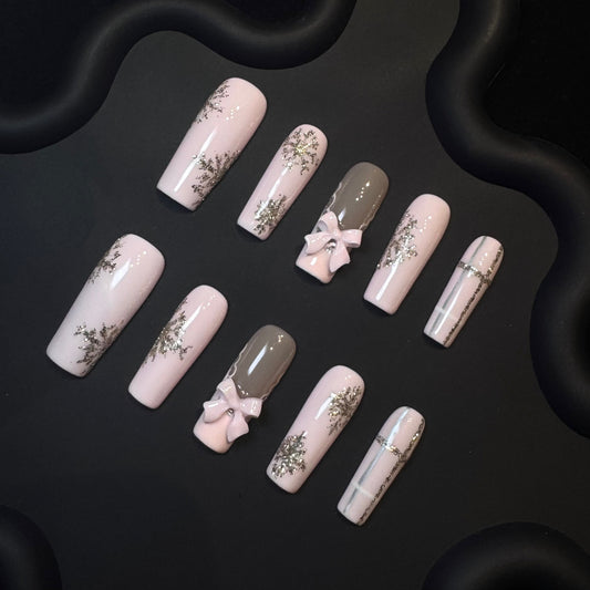 Lulou Blush Bow Ballerina Press on Nails Pink Glitter Bows 10PCS REUSABLE Handmade Acrylic Fake Nails 3D Charm Trend 2025