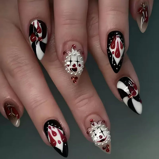 Lulou Bloody Masquerade Short Stiletto Press on Nails Red Black Glitter 24PCS REUSABLE Acrylic Fake Nails 3D Mask Halloween Trend 2025
