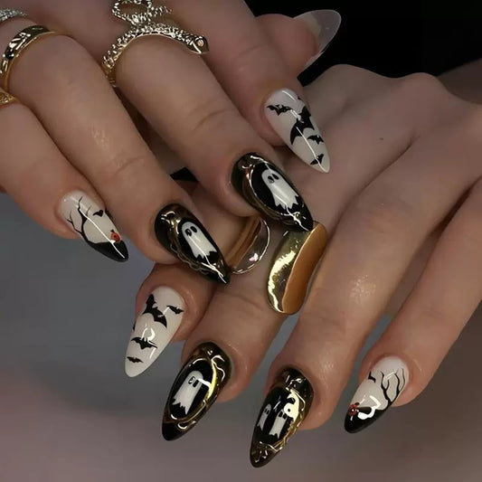 Lulou Haunted Glam Short Almond Oval Press on Nails Black White Glitter 24PCS REUSABLE Acrylic Fake Nails Hand Painted Bat Ghost Halloween Trend 2025