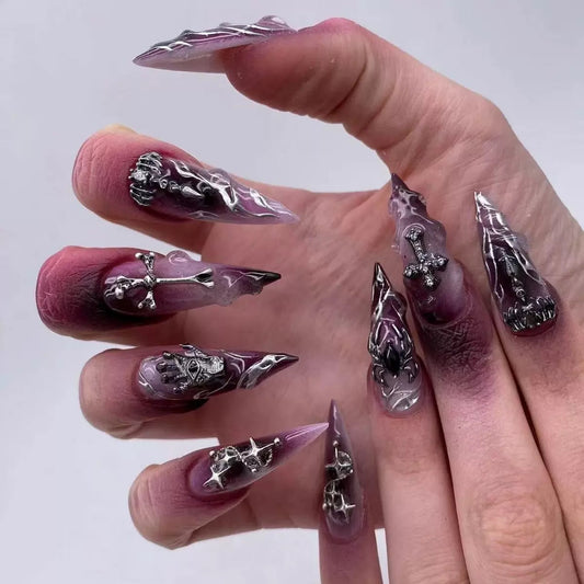 Lulou Witching Hour Glaws Long Pointed Press on Nails Dark Red Black Glow 24PCS REUSABLE Acrylic Fake Nails Silver Black 3D Halloween Charms Halloween Trend 2025