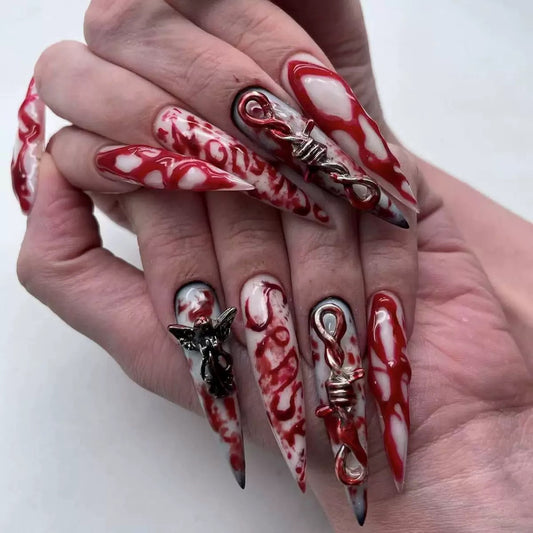 Lulou Blood Ritual Extra Long Stiletto Press on Nails Red White Marble 24PCS REUSABLE Acrylic Fake Nails Blood Drip Hand Painted Silver Foil Halloween Trend 2025