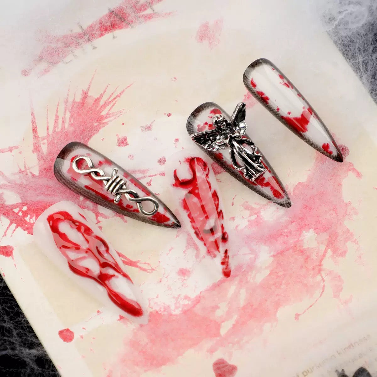 Lulou Blood Ritual Extra Long Stiletto Press on Nails Red White Marble 24PCS REUSABLE Acrylic Fake Nails Blood Drip Hand Painted Silver Foil Halloween Trend 2025