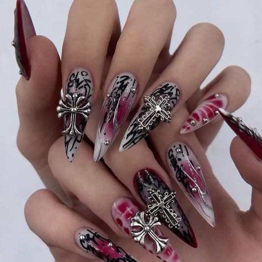 Lulou Cursed Crosses Long Stiletto Press on Nails Red Black Ombré 24PCS REUSABLE Acrylic Fake Nails Hand Painted 3D Cross Charm Halloween Trend 2025