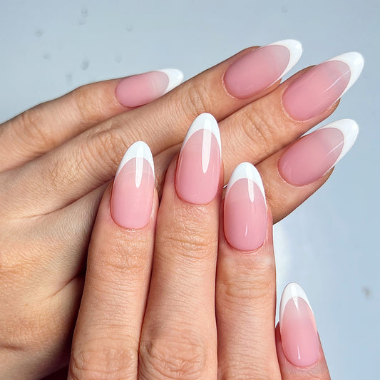 Pink Medium Almond-Lulou Classic White French Tip Press On Nails Glueless Easy Apply Reusable 10PCS - Salon Quality Glueless Fake Nails for Women Trend 2025