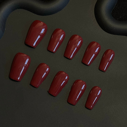 Lulou Red Luxe Gloss Long Square Press On Nails Glossy Solid Tone Handmade Acrylic 10PCS Christmas Winter Holiday Trend 2025